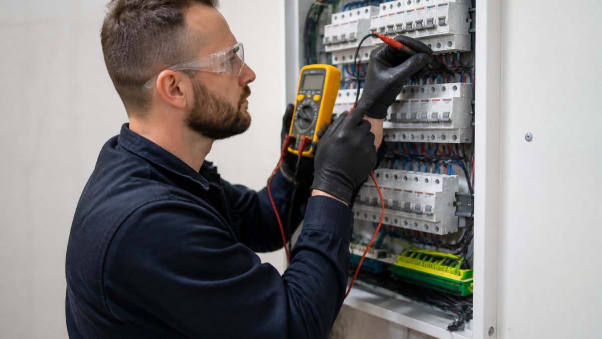 Professional electrician performing safety inspection on office switchboard, checking connections and testing equipment with a multimeter
