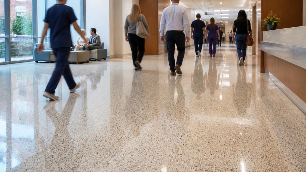 Wide-angle view of a busy commercial hallway in a healthcare facility showing freshly installed terrazzo flooring with multiple people walking across it, demonstrating real-world foot traffic and polished surface appearance