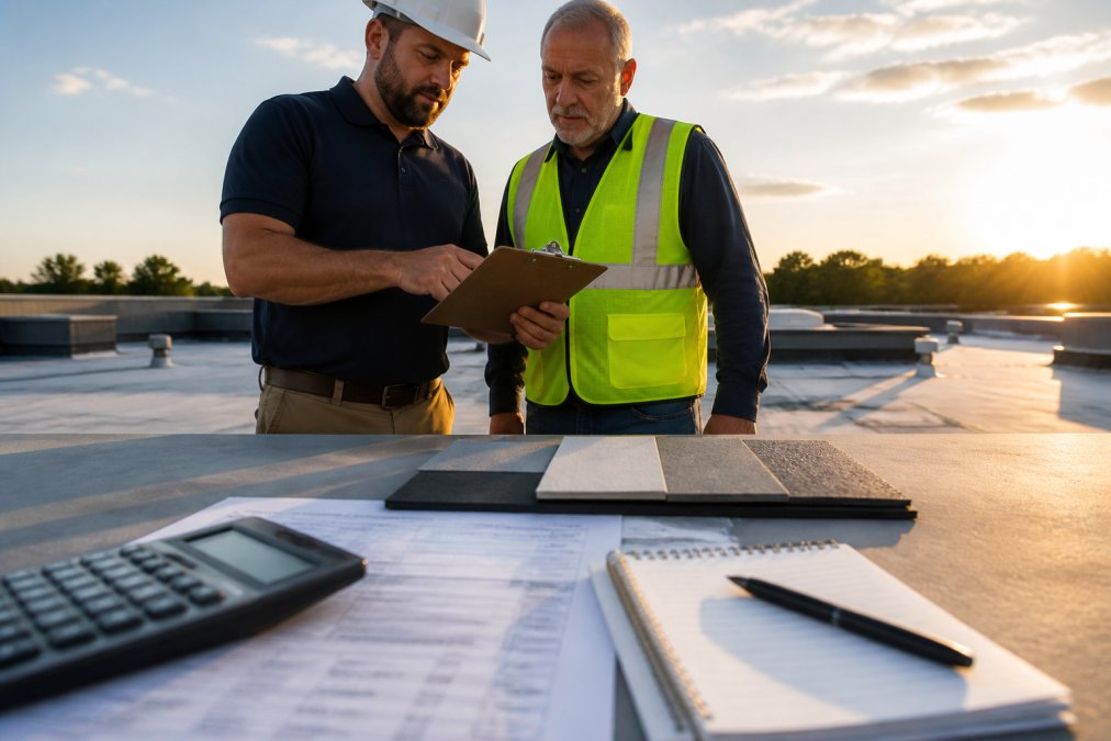 Roofing contractor and building owner reviewing commercial roofing materials and cost estimates on a flat roof