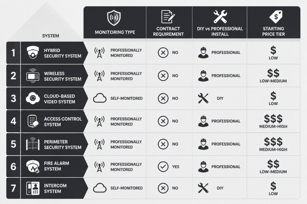 Comparison matrix chart listing 7 systems with columns for monitoring type, contract requirement, DIY vs professional install, and starting price tier