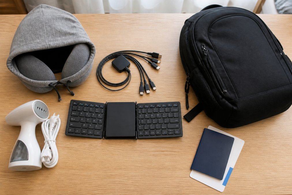 A flat lay of compact travel gadgets on a wooden table, including a grey hooded neck pillow, a coiled multi charging kit, a folded wireless keyboard, a small steam iron, and a black backpack, with a passport and boarding pass beside them under soft daylight