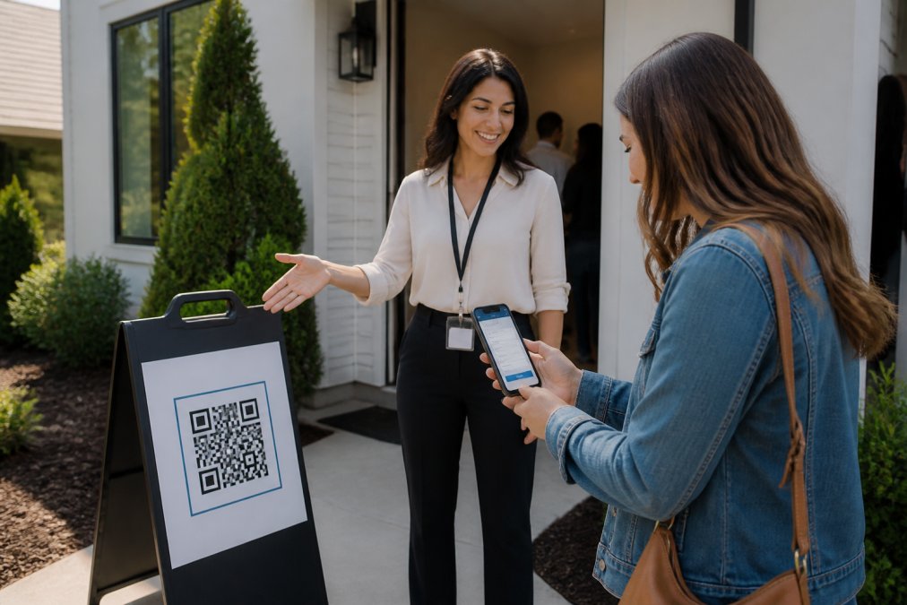 Real estate agent greeting a visitor at an open house entrance with a branded QR code sign on an a-frame stand, visitor holding smartphone with registration form visible on screen, bright natural light