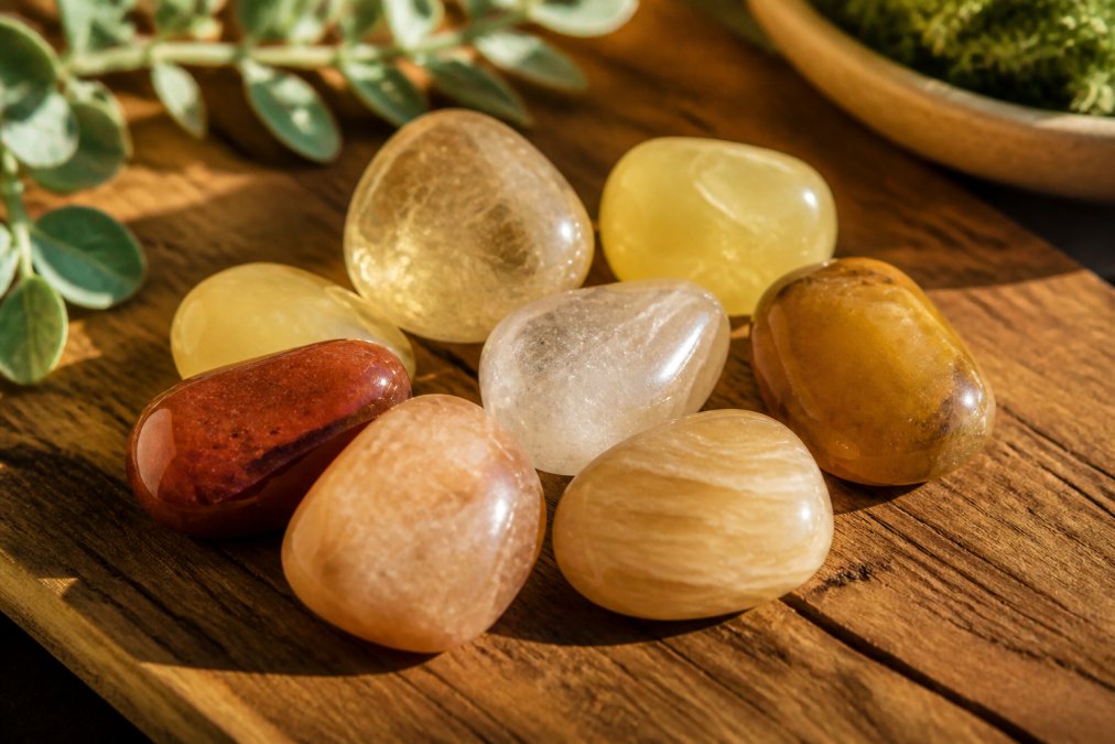 Close-up of tumbled crystals in warm earth tones and soft yellows arranged on natural wood surface with gentle sunlight highlighting their smooth texture and translucent qualities