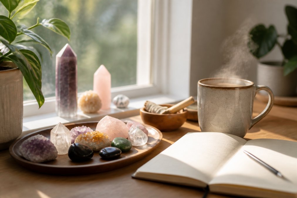 Soft morning light streaming through a window onto a wooden table where a beginner's crystal collection sits beside a steaming mug of tea and an open journal