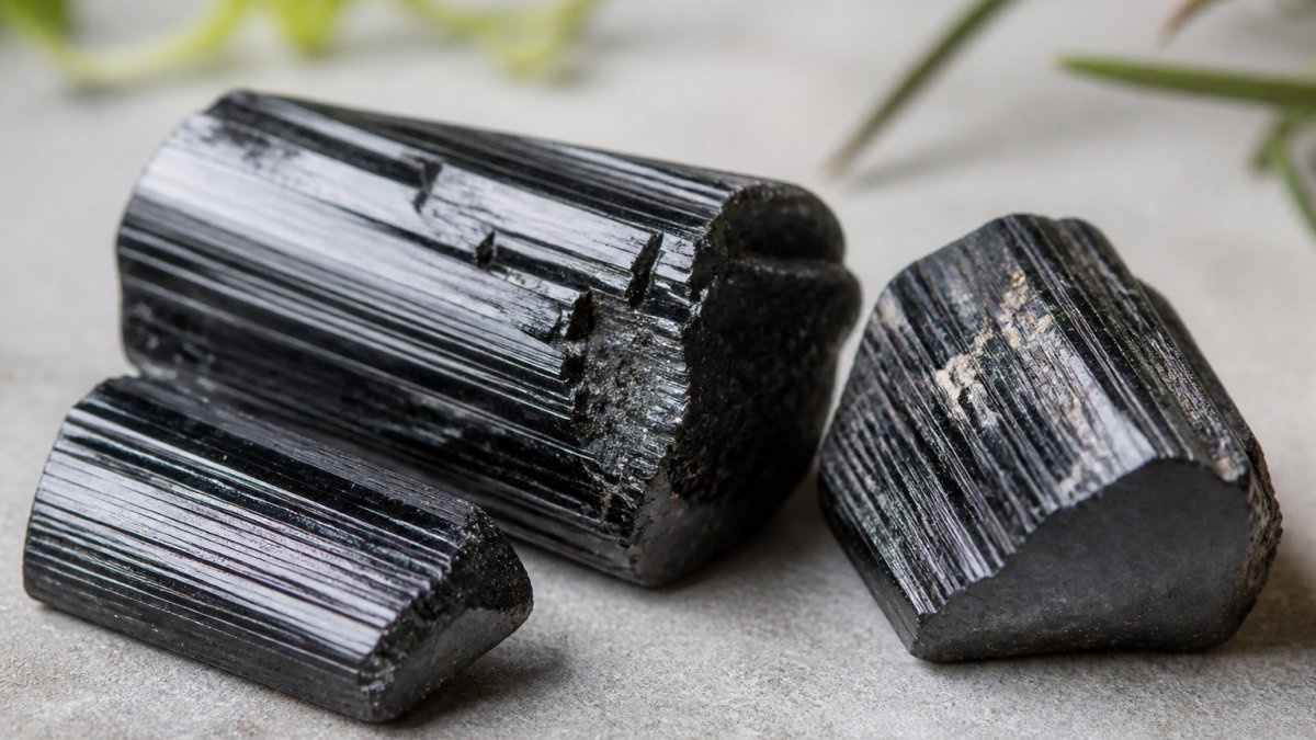 Close-up of raw Black Tourmaline crystals showing deep black color and angular crystalline structure on a neutral surface with natural light