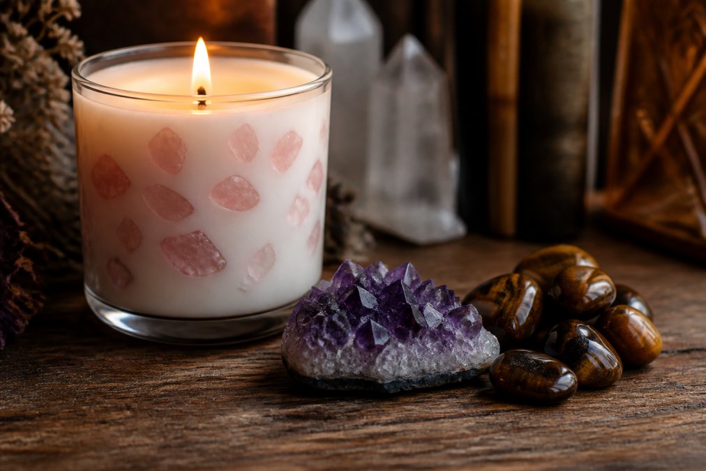 Lit ritual candle with embedded rose quartz crystals beside loose amethyst and tiger eye gemstones on a wooden surface, soft candlelight creating warm amber shadows