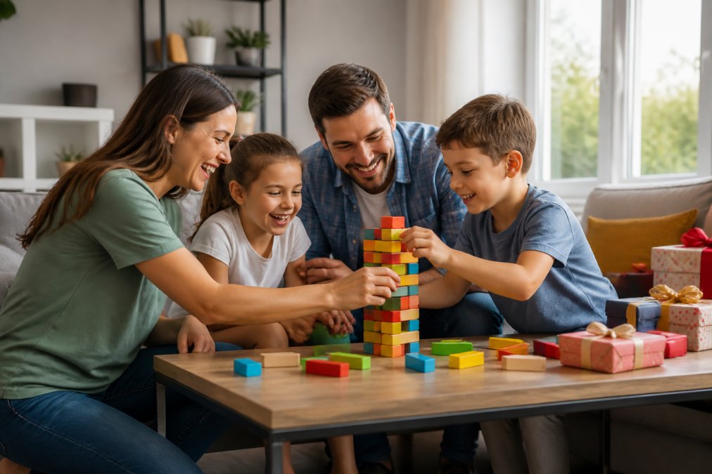 A bright, modern living room where a family laughs together playing a colorful block-stacking game on a coffee table, gift boxes with ribbon visible on the couch nearby, natural afternoon light through the window