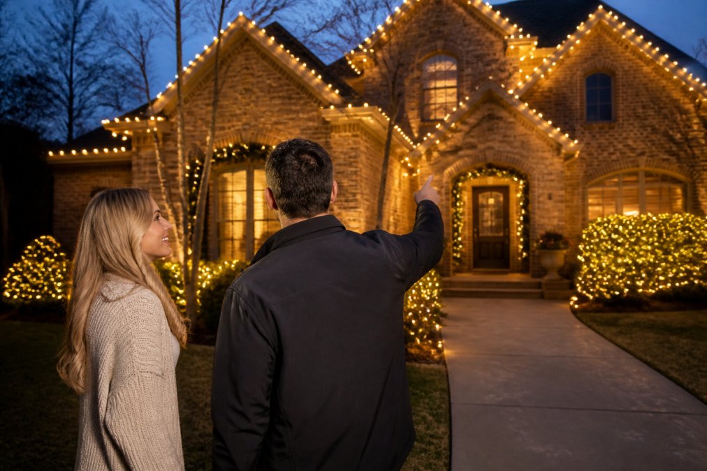 Professional custom holiday lighting wrapping the roofline and evergreen shrubs of an elegant residential home at dusk, casting warm festive glow across the front facade and landscaping