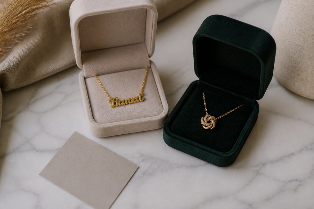 A flat lay photo of several elegant jewelry boxes with a personalized gold name necklace and a love knot pendant resting on soft velvet, next to a small gift card