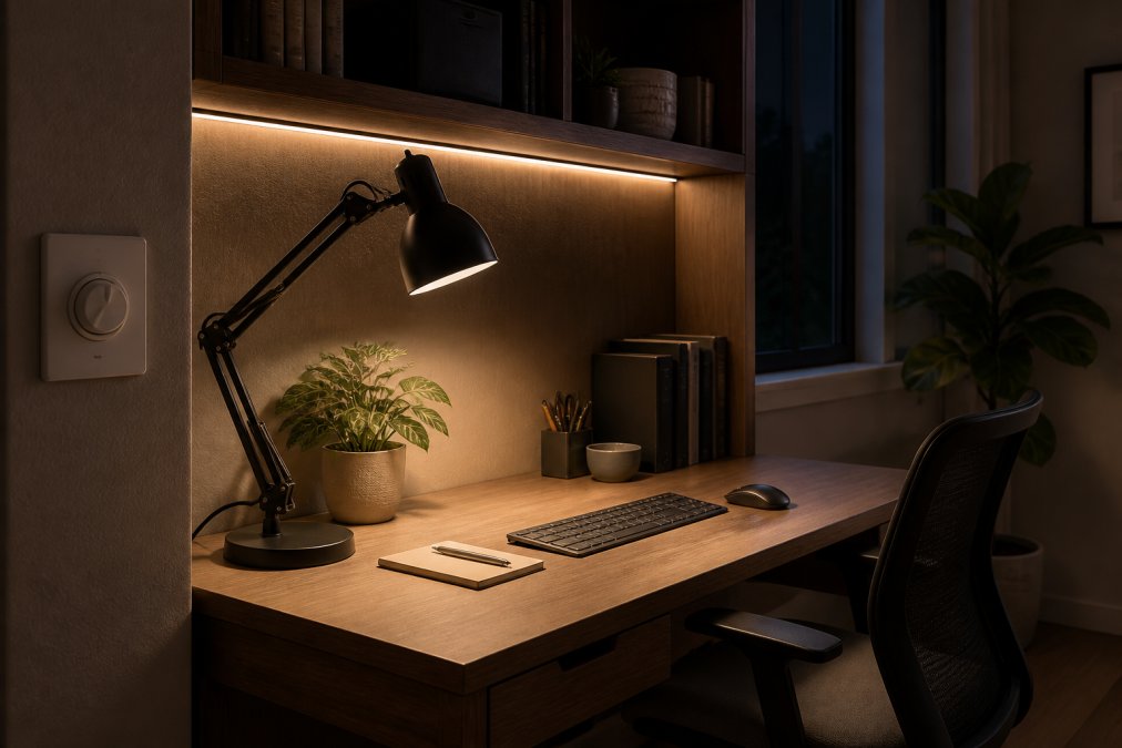 A well-organized home office desk at night with an adjustable LED task lamp casting warm light onto a keyboard, under-shelf LED strips glowing behind a monitor, and a wall dimmer switch visible at the edge of frame