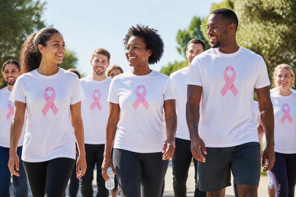 Diverse group of participants wearing matching custom charity walk t-shirts with awareness designs, walking together outdoors on a sunny day, showing team unity and community engagement