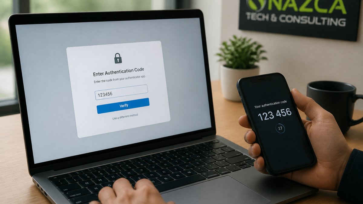 Close-up of laptop screen displaying multi-factor authentication prompt with smartphone beside it showing authentication code