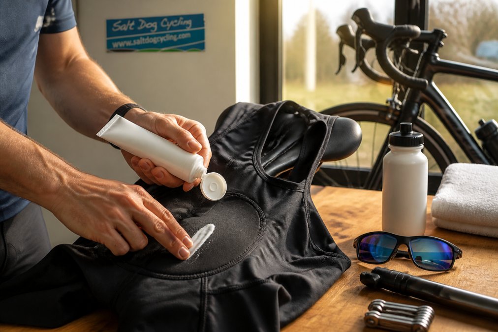 Cyclist applying chamois cream to black cycling bib shorts draped over a bike saddle in morning light