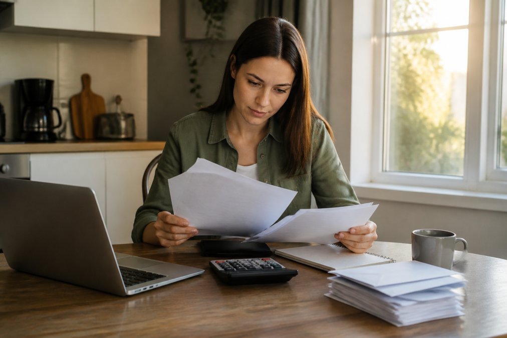 A person reviewing debt settlement comparison documents at a kitchen table with a laptop, a calculator, and a stack of unopened envelopes, warm afternoon light through the window
