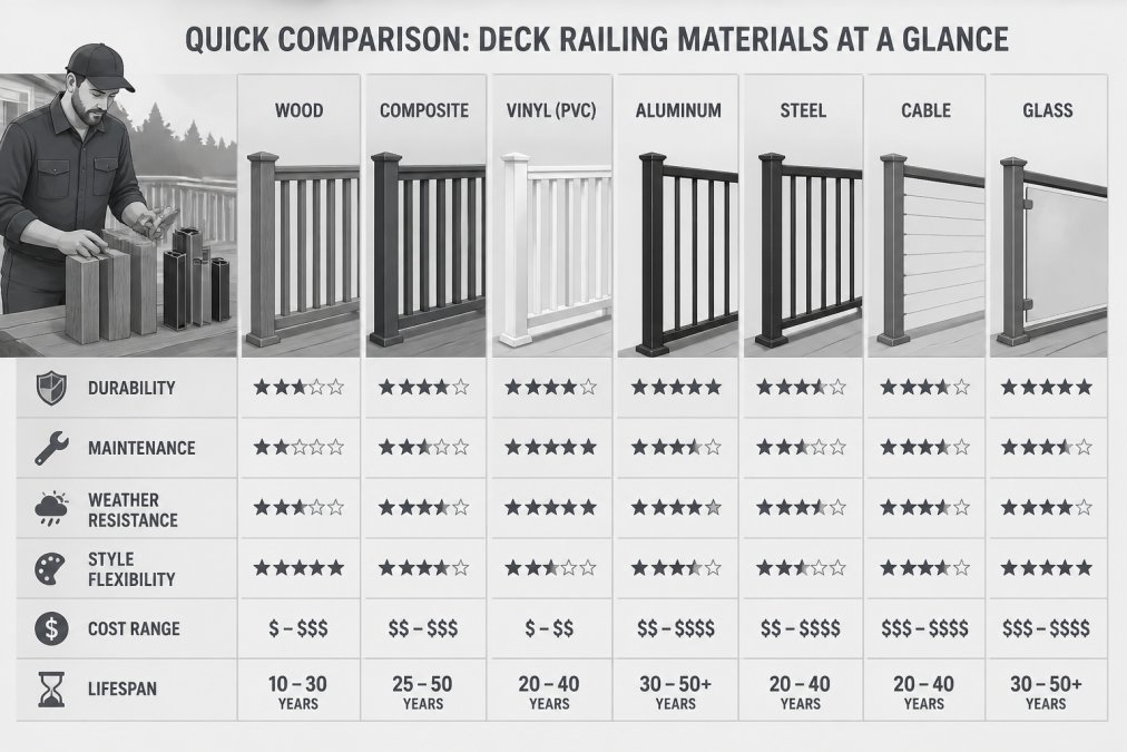 Professional deck builder examining wood railing samples and aluminum railing profiles side by side on a residential deck in natural daylight, showing multiple material types