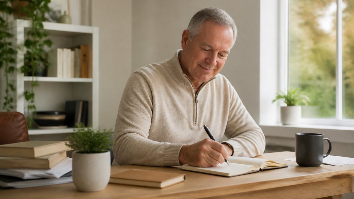Retired person working on a laptop with coffee to manage digital systems without inventory from a home desk.