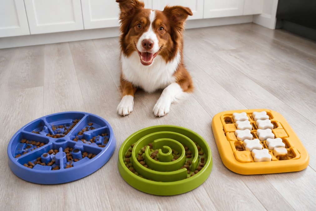 A flat-lay photo of several colorful dog puzzle feeders on a bright kitchen floor, with a happy medium-sized dog looking at them expectantly