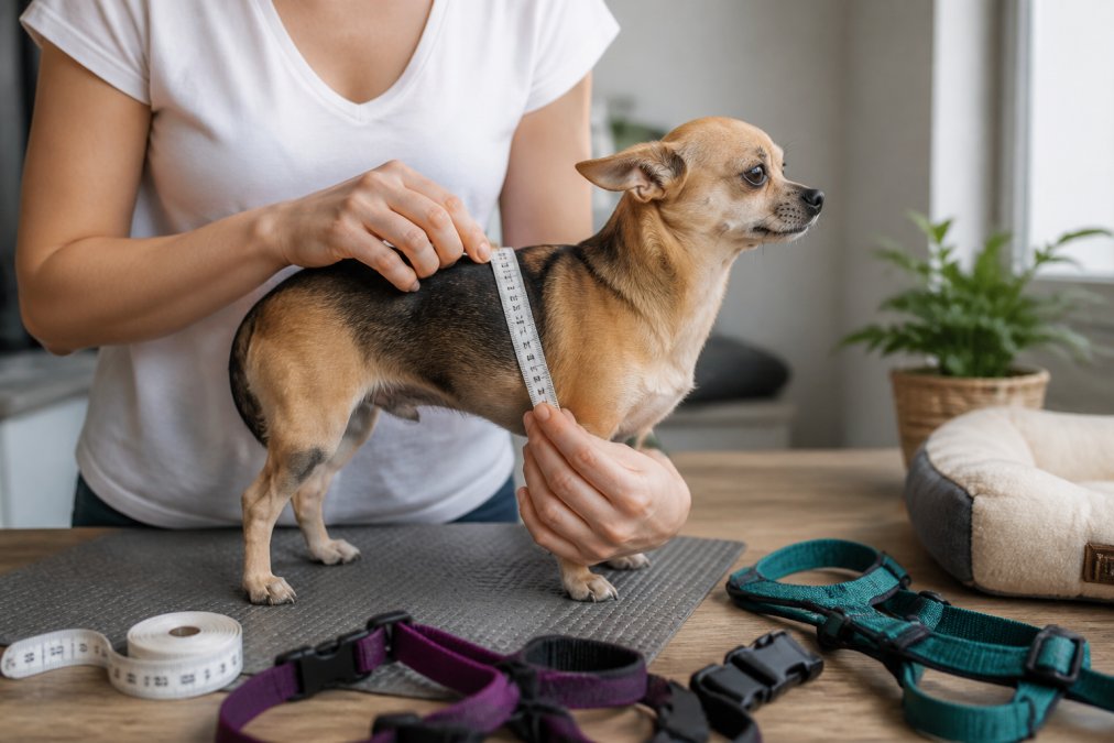 A person using a soft measuring tape to measure the girth of a small dog around its chest, with the dog standing calmly on a non-slip surface