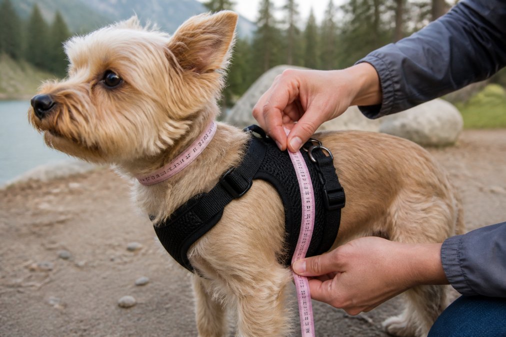 Close-up of a small dog wearing a properly fitted harness, with a soft measuring tape positioned at the chest girth and neck circumference, showing the correct measurement points in natural outdoor lighting