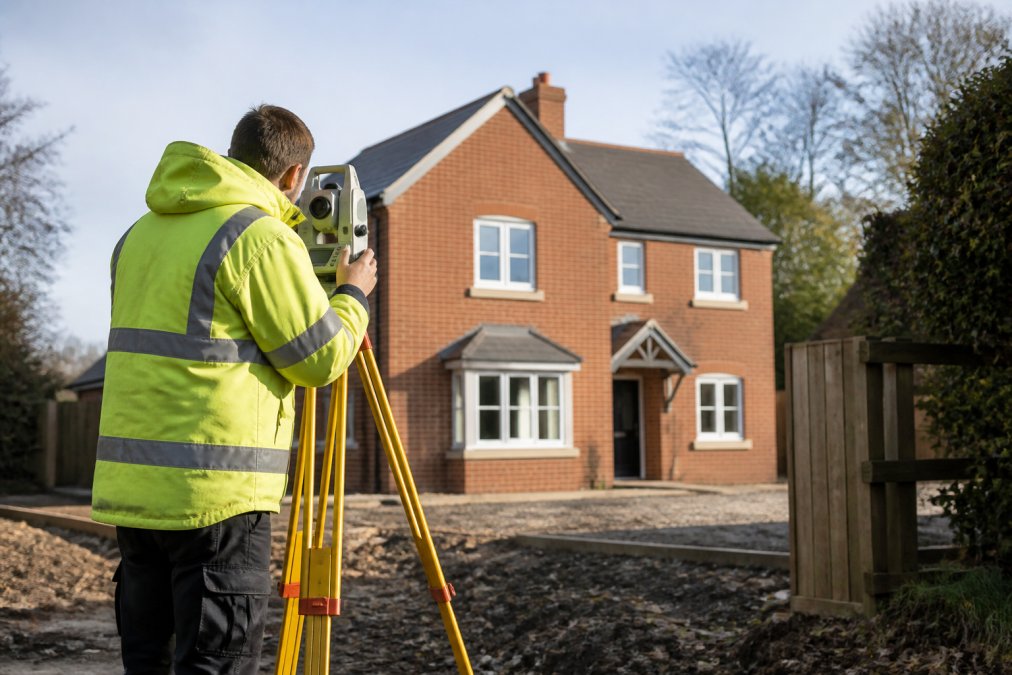 Professional surveyor conducting site inspection at residential property, examining ground conditions and taking measurements with surveying equipment in daylight