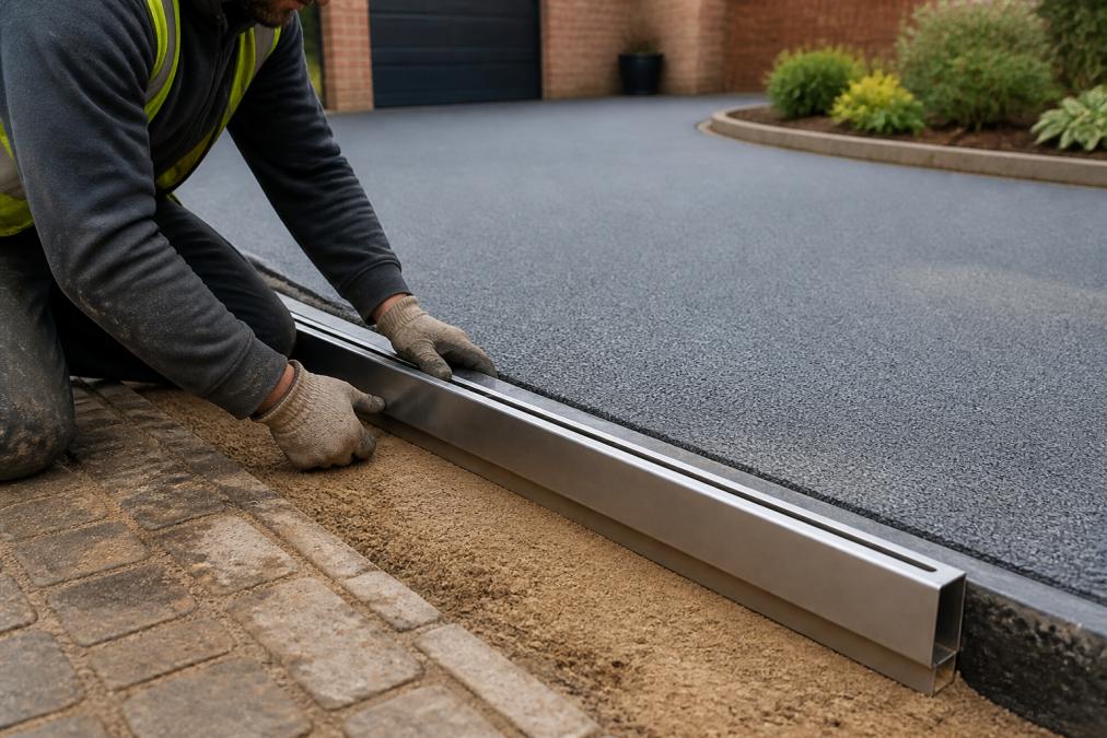 Professional installer positioning a stainless steel channel drain system into the edge of a driveway trench, showing the slot profile clearly visible, with bedding sand visible at the base and completed driveway surface in the background