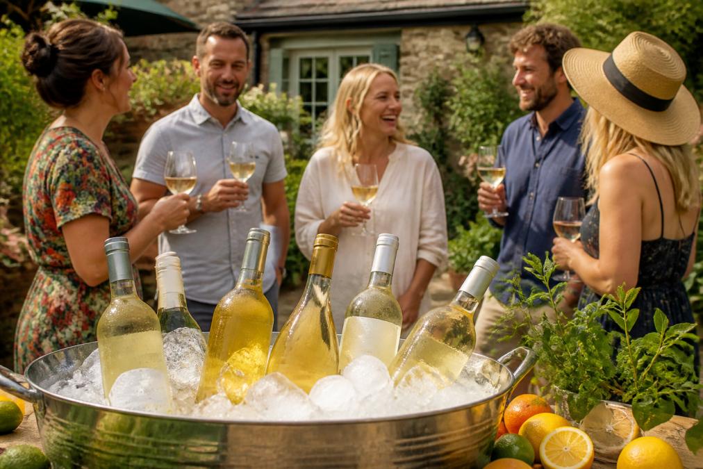 Array of six premium alcohol-free white wine bottles chilled on ice in a summer garden setting, with fresh citrus fruits and green herbs arranged around them