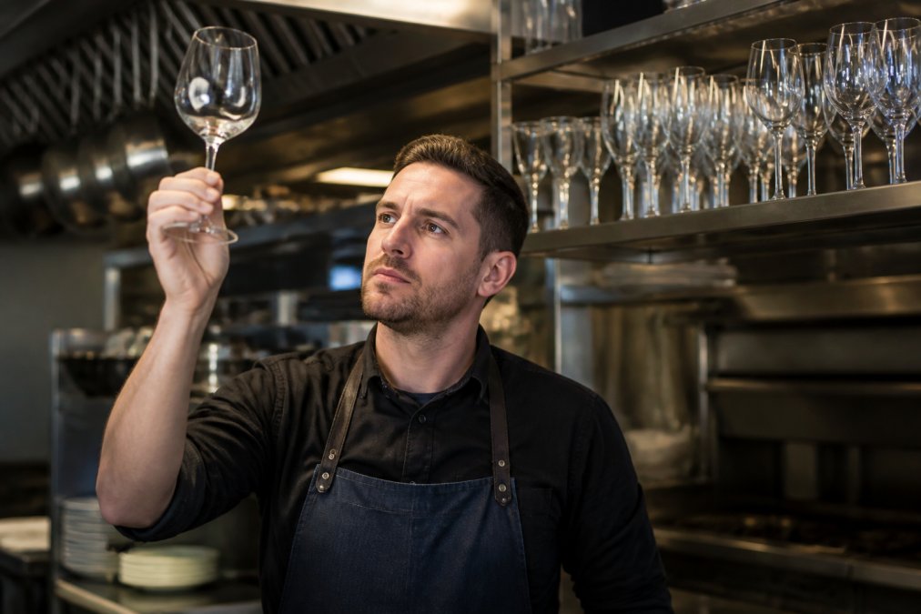 A commercial bartender in a busy restaurant kitchen holding a durable wine glass up to the light, checking for clarity, with a shelf of assorted stemware blurred in the background