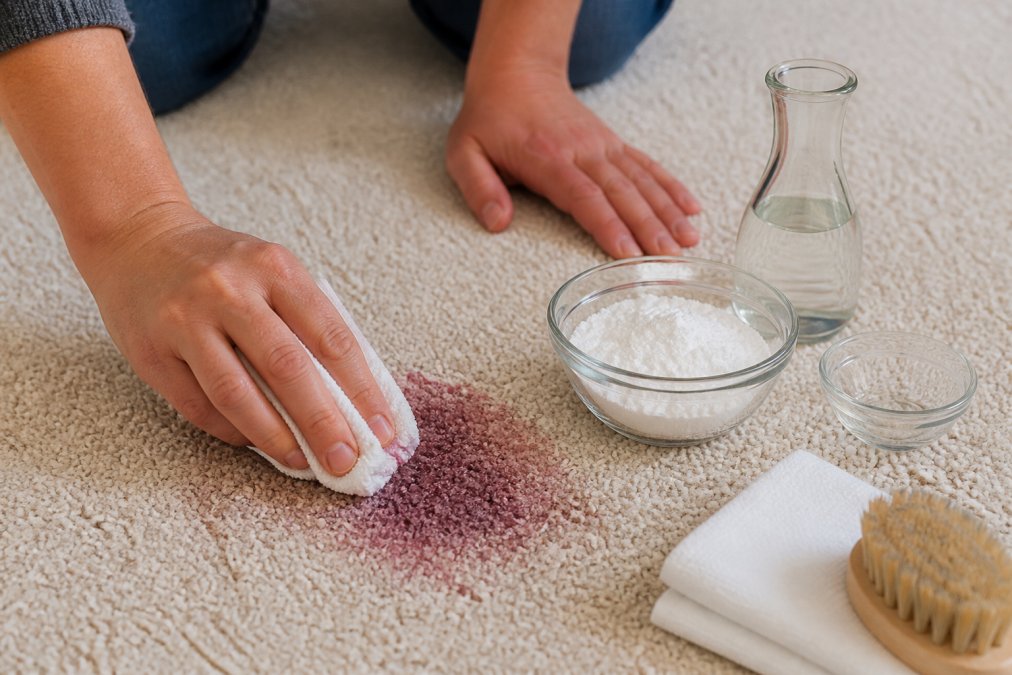 Close-up of hands using a clean white cloth to blot a red wine stain on a light-colored carpet, with a bowl of baking soda and vinegar nearby