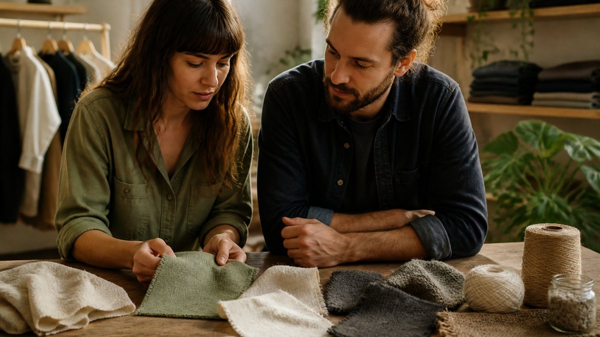 Close-up of sustainable fabric samples including organic cotton, recycled polyester, and hemp materials arranged on natural wood surface with soft natural lighting