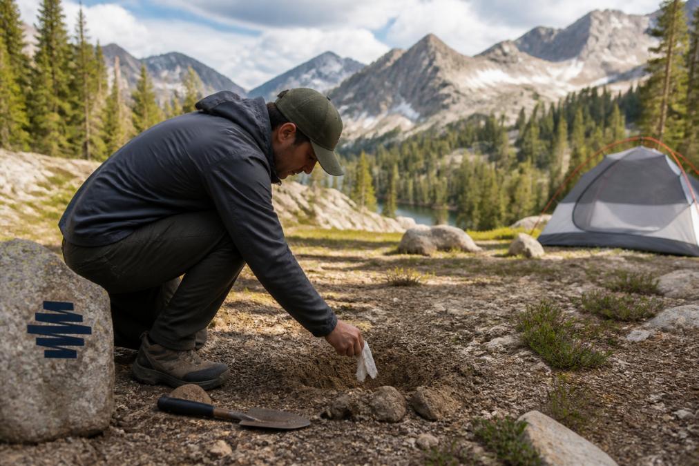 Backpacker at a remote mountain campsite demonstrating proper waste disposal technique in a designated cat hole area, with forest and rocky terrain in background