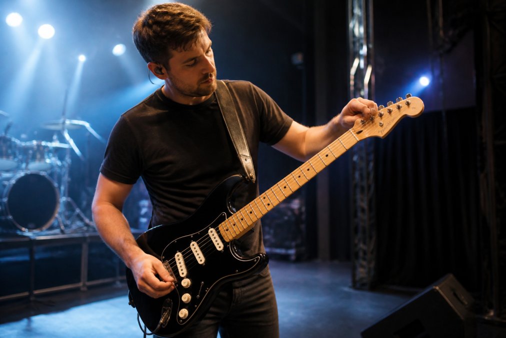 Musician checking tuning pegs and strap security on an electric guitar before a live stage performance
