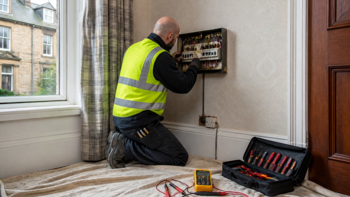 A NAPIT-approved electrician in a high-vis vest inspecting an old fuse board in a Victorian-era Scottish home, with tools and test equipment laid out on a dust sheet
