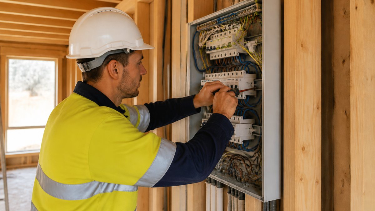 Licensed electrician in work gear installing switchboard components and wiring during new home construction, demonstrating professional workmanship and attention to detail in bright natural light