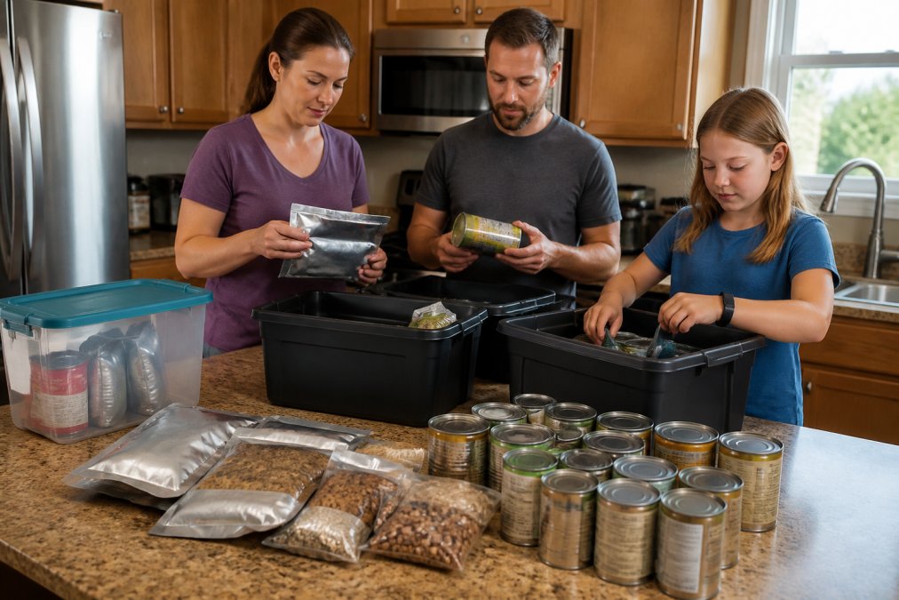 A family in a well-lit kitchen organizing emergency food supplies into labeled storage bins, with freeze-dried meal pouches and canned goods on the counter
