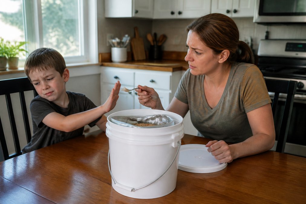 A parent and young child sitting at a bright kitchen table, an open emergency food bucket between them. The child is pushing a spoon away with a skeptical expression while the parent looks concerned, natural window light illuminating the scene