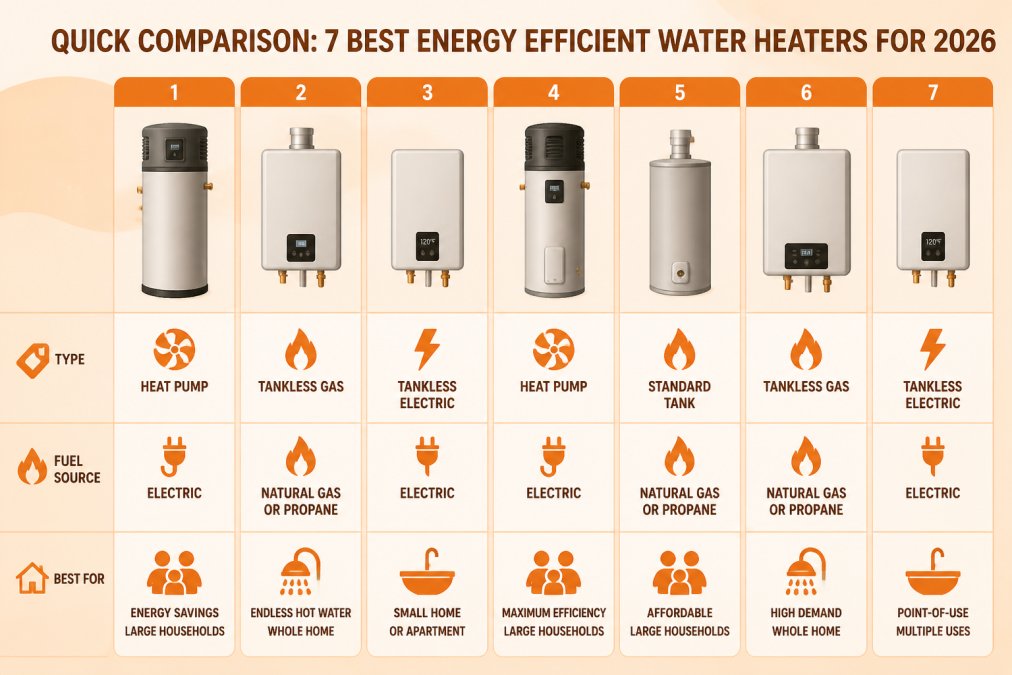 Comparison matrix of 7 energy efficient water heaters by fuel source and ideal use case