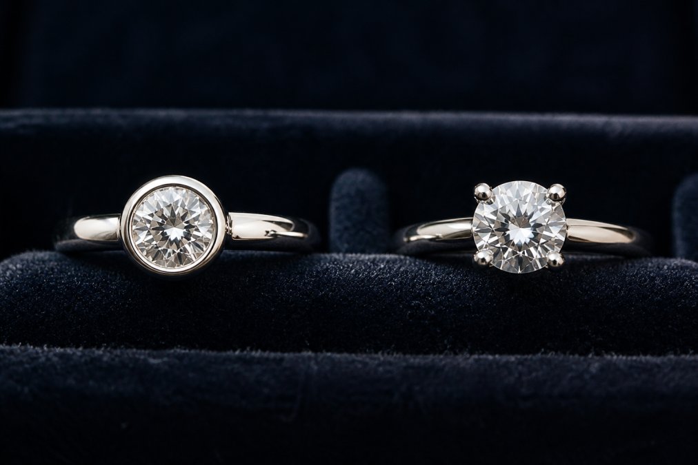Two engagement rings side by side on a jeweller's dark velvet display, one with a smooth polished bezel rim completely encircling the diamond and one with a traditional four-prong claw setting, lit by a single overhead spotlight