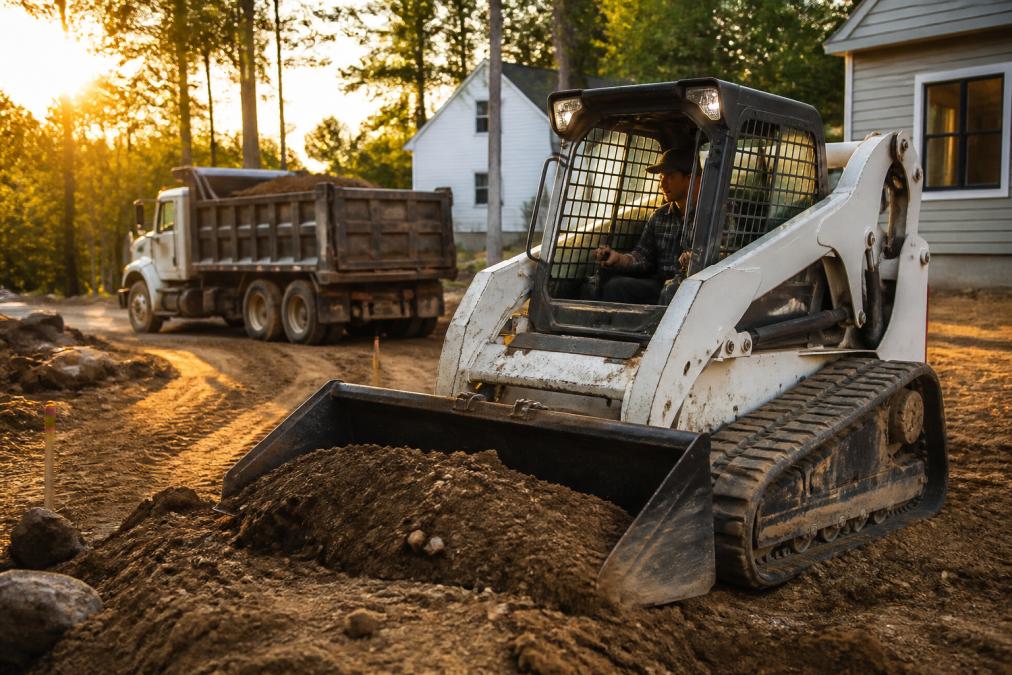 A compact track loader moving dirt on a residential job site at golden hour, with an operator in the cab and a dump truck waiting in the background