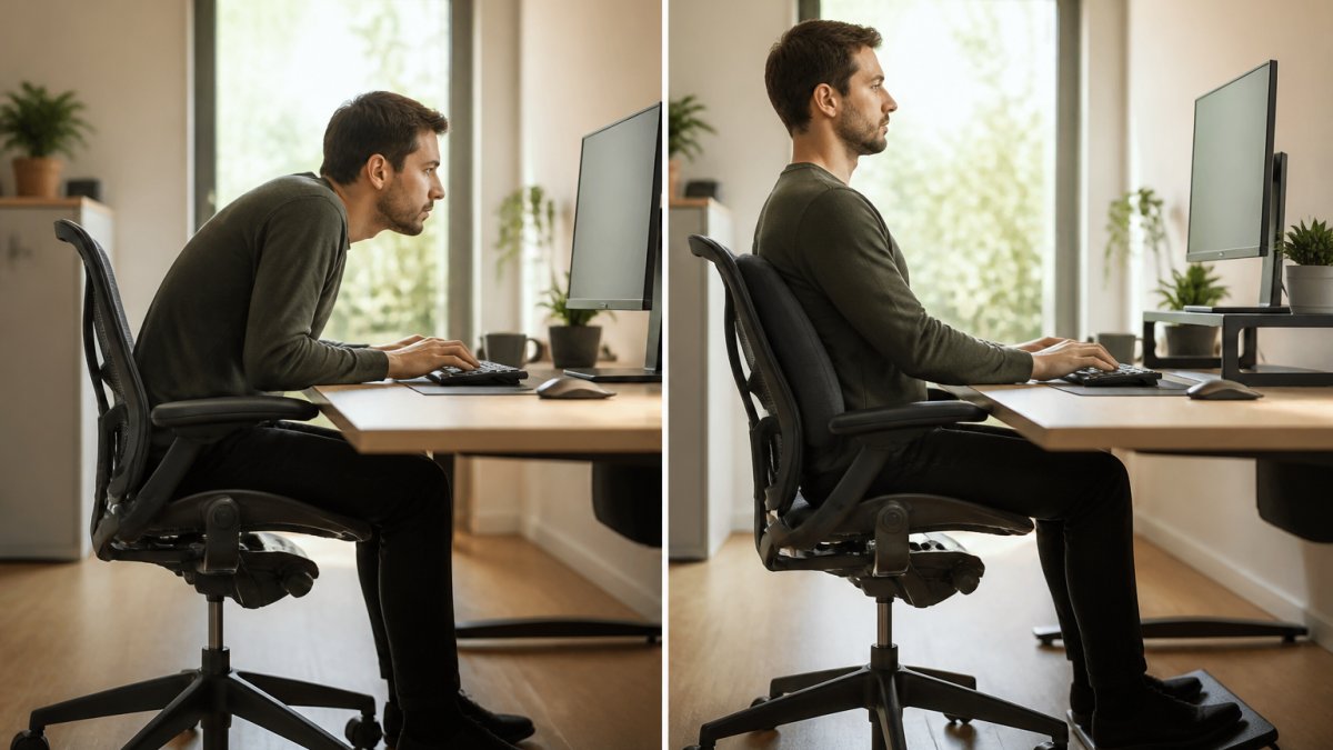 Office worker sitting at desk with rounded shoulders and forward head position, then same person with improved posture using lumbar cushion and monitor stand, natural office lighting