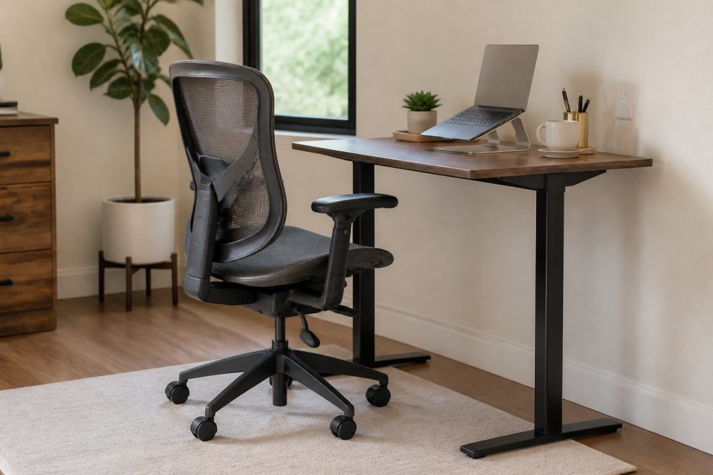 Compact ergonomic chair with a mesh back and adjustable arms in a cozy home office corner with a slim desk.