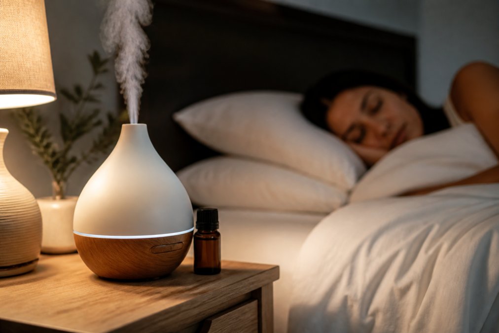A peaceful bedroom at night with a diffuser releasing a thin mist on a wooden nightstand, a small amber essential oil bottle beside it, warm lamp light, and a person relaxing under clean white linens
