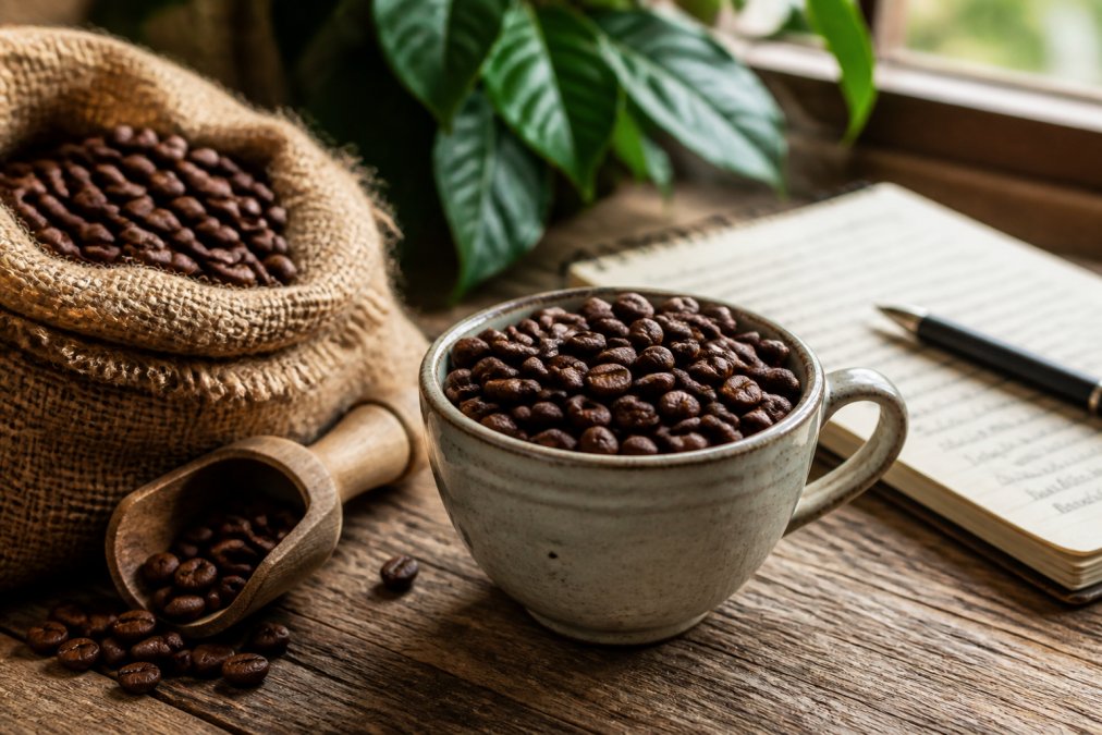 Close-up of freshly roasted single-origin coffee beans in a ceramic cup with burlap sack, wooden scoop, and handwritten farm notes on rustic wooden table with natural morning light
