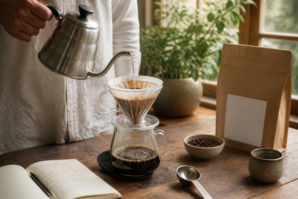 Home brewer pouring hot water over single-origin coffee beans in pour-over cone, with tasting notes journal, cupping spoon, and coffee bag showing farm information on wooden counter with natural morning light
