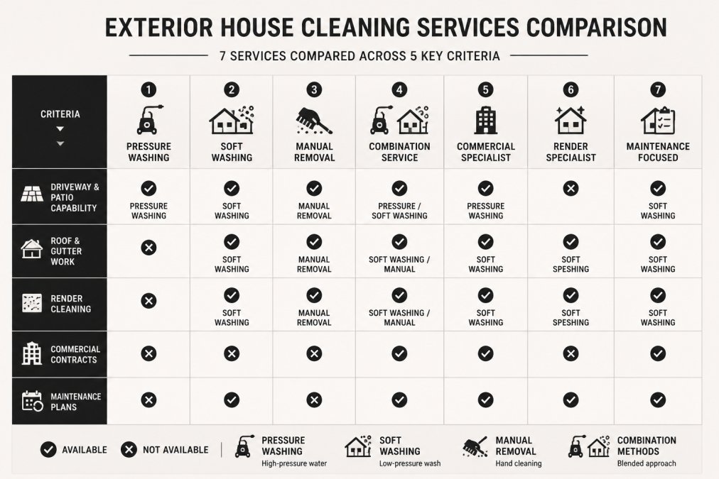 Feature comparison matrix showing seven provider categories against five criteria: driveway and patio capability, roof and gutter work, render cleaning, commercial contracts, and maintenance plans, with method labels including pressure washing, soft washing and manual removal
