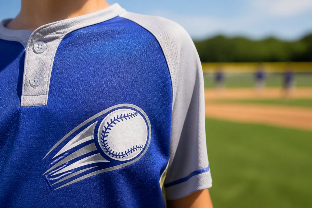 Close-up of a youth baseball player's jersey showing the fabric texture and printed team logo, with a baseball field softly blurred in the background