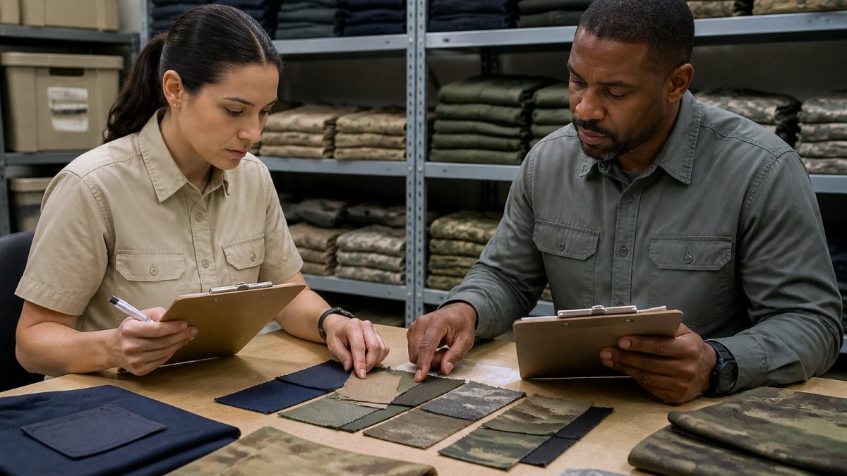 Two procurement officers in a supply room comparing uniform fabric swatches under fluorescent lighting, clipboards in hand