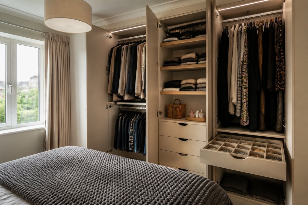 Interior view of an open fitted wardrobe showing organised shelving, hanging rails, and drawer inserts in a small bedroom with natural light