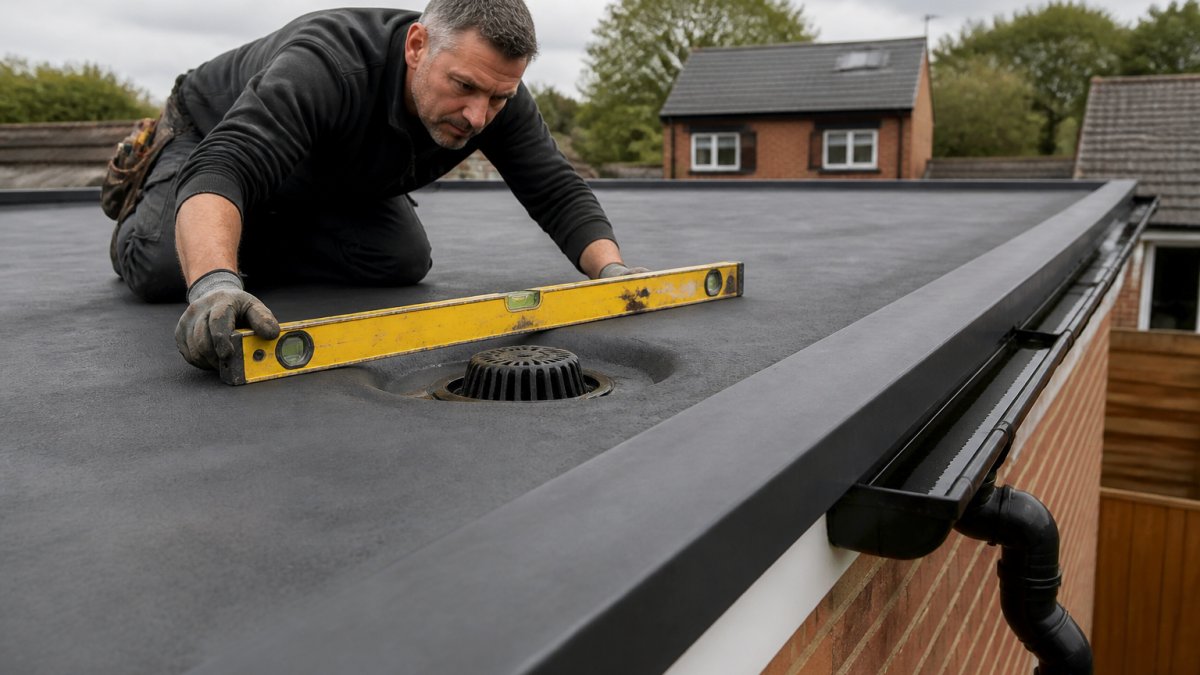 A roofer checking the fall of a flat roof drainage outlet with a spirit level on an overcast day