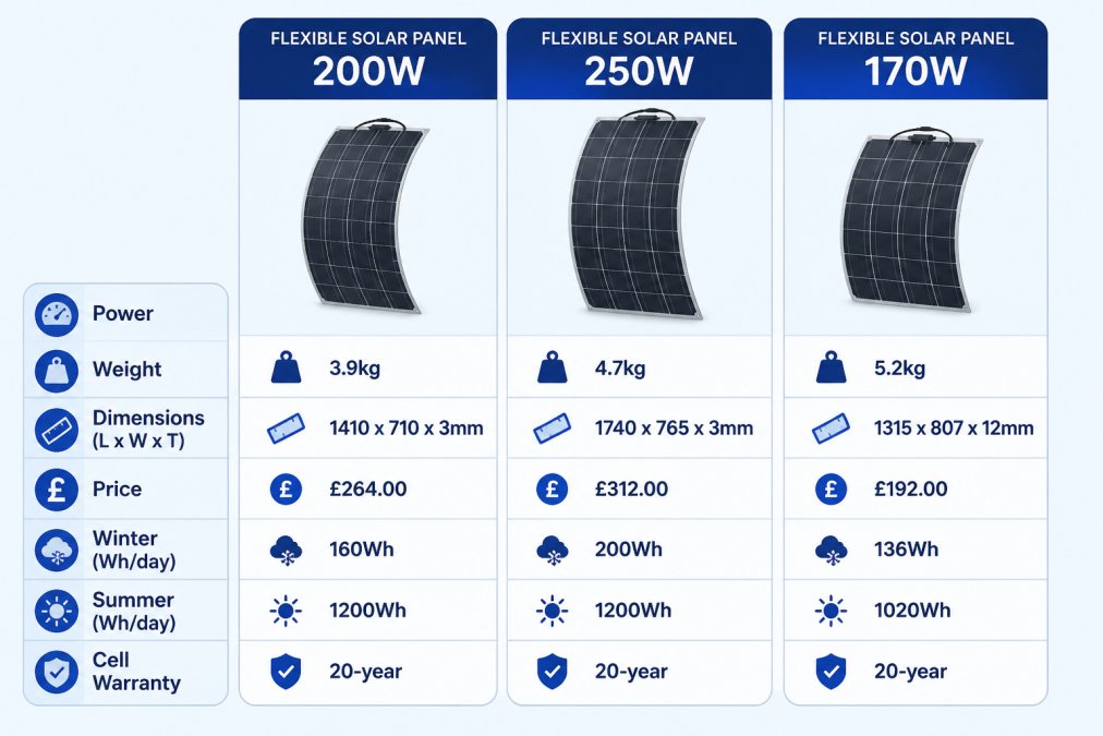 Comparison matrix of three Skyenergi panels: 200W at 3.9kg, 1410 x 710 x 3mm, £264.00, 160Wh winter, 1200Wh summer, 20-year cell warranty; 250W at 4.7kg, 1740 x 765 x 3mm, £312.00, 200Wh winter, 1500Wh summer; 170W at 5.2kg, 1315 x 807 x 12mm, £192.00, 136Wh winter, 1020Wh summer