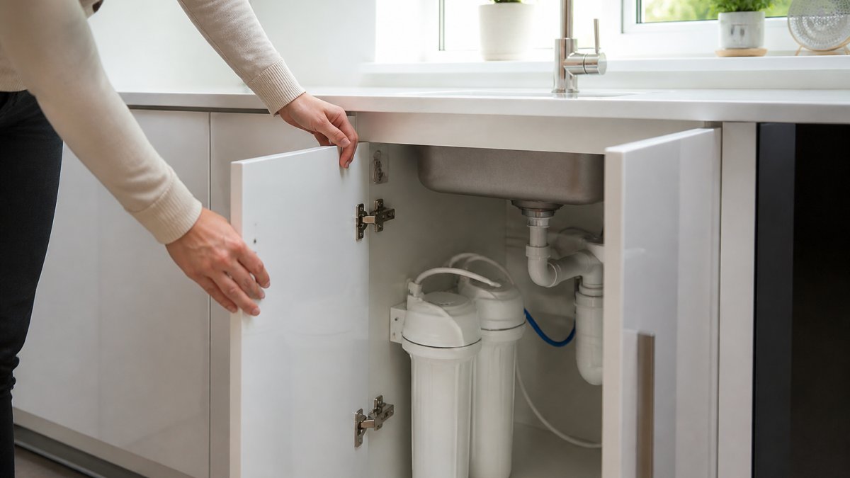 Hands opening a kitchen cabinet to reveal a compact twin under-sink water filtration system with a chrome tap.